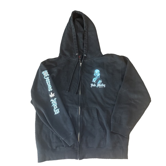Vintage Bob Marley Zip Up Hoodie‎ Mens Medium Black Kaya Now Zion Rootswear 2004 - Picture 1 of 15